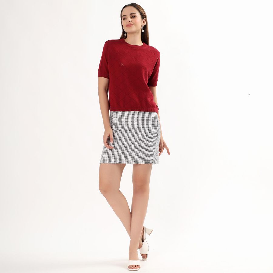 Women's Wine Red Crew Neck Casual Top, वाइन, large