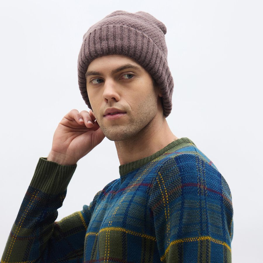 Men's Muted Brown Knitted Beanie Cap, भूरा, large