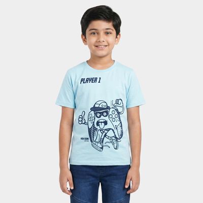 Boys Light Blue Cotton Blend Round Neck Regular Boys T-Shirt