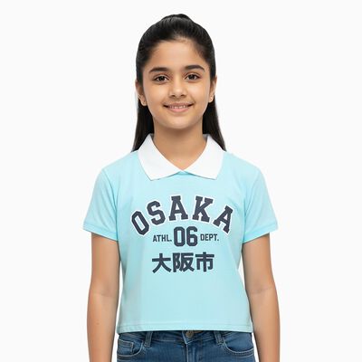 Girls Aqua Blue Cotton Polo Neck Graphic T-Shirt