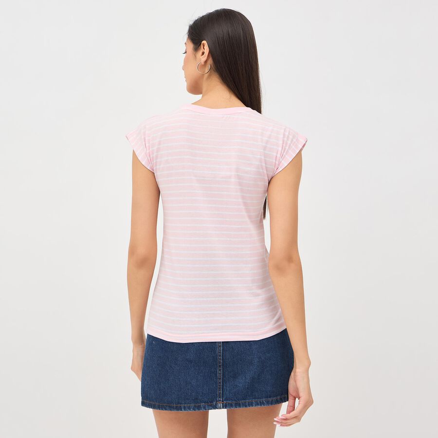 Women's Light Pink Round Neck Striped T-Shirt, Light Pink, large image number null