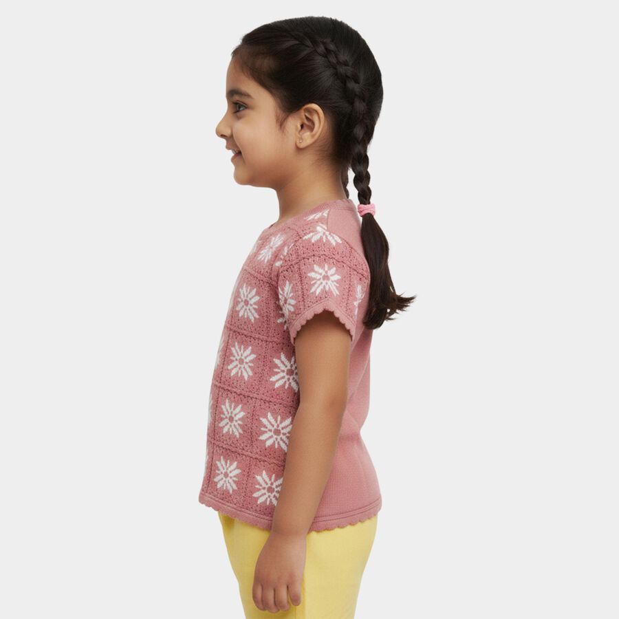 Girls' Pink Round Neck Floral Printed T-Shirt, हल्का गुलाबी, large