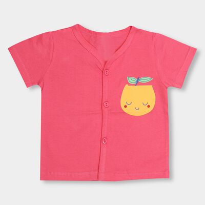 Kids Bright Pink Cotton V-Neck Front Open T-Shirt