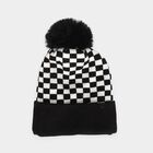 Boys' Black Checkered Pom Pom Beanie Cap, Black, small