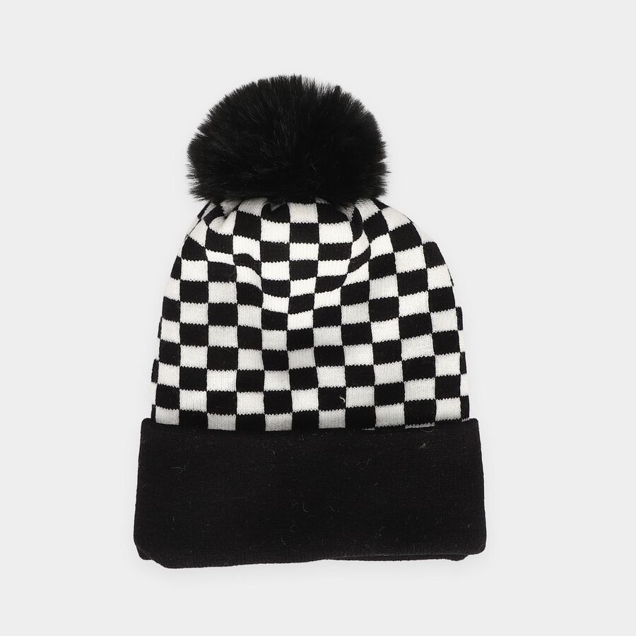 Boys' Black Checkered Pom Pom Beanie Cap, Black, large