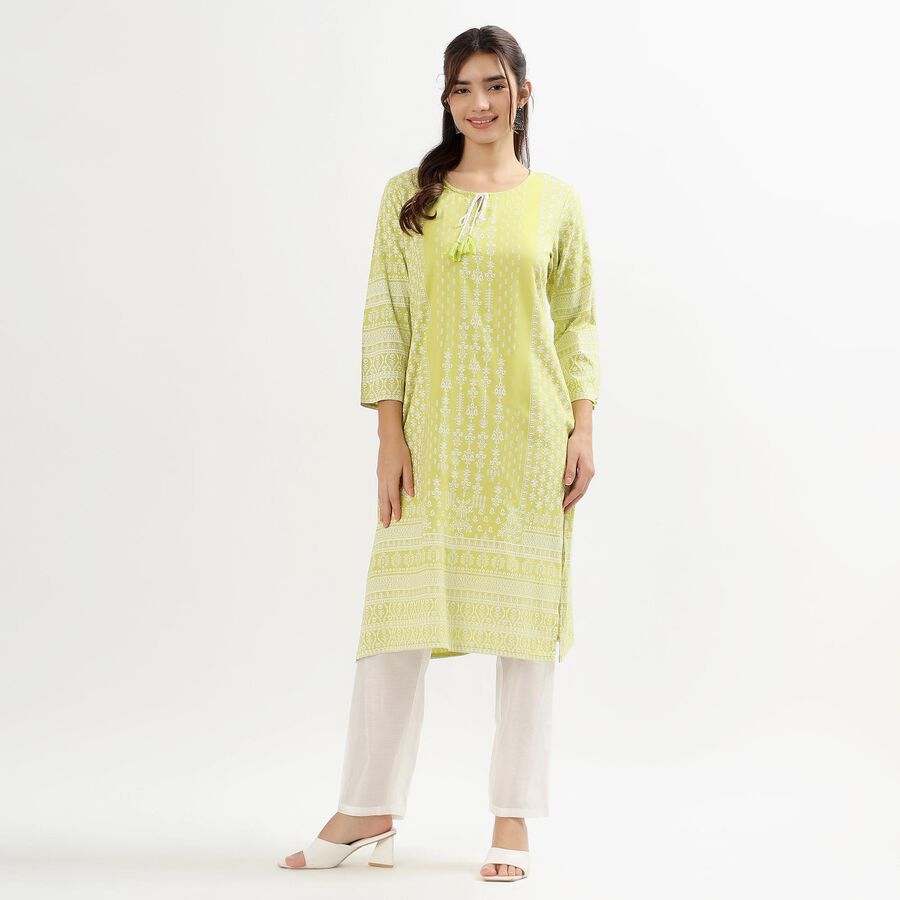 Ladies' Light Lime Green Round Neck Printed Kurta, Light Green, large