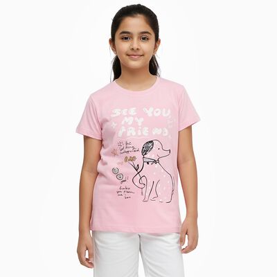 Girls' Pink Round Neck Graphic T-Shirt