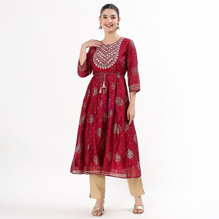 Women's Crimson Round Neck Embroidered A-Line Kurta, Fuchsia, large image number null