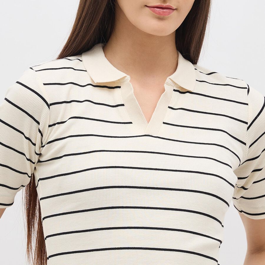 Women's Off-White Collared Casual Striped Top, ऑफ व्हाइट, large