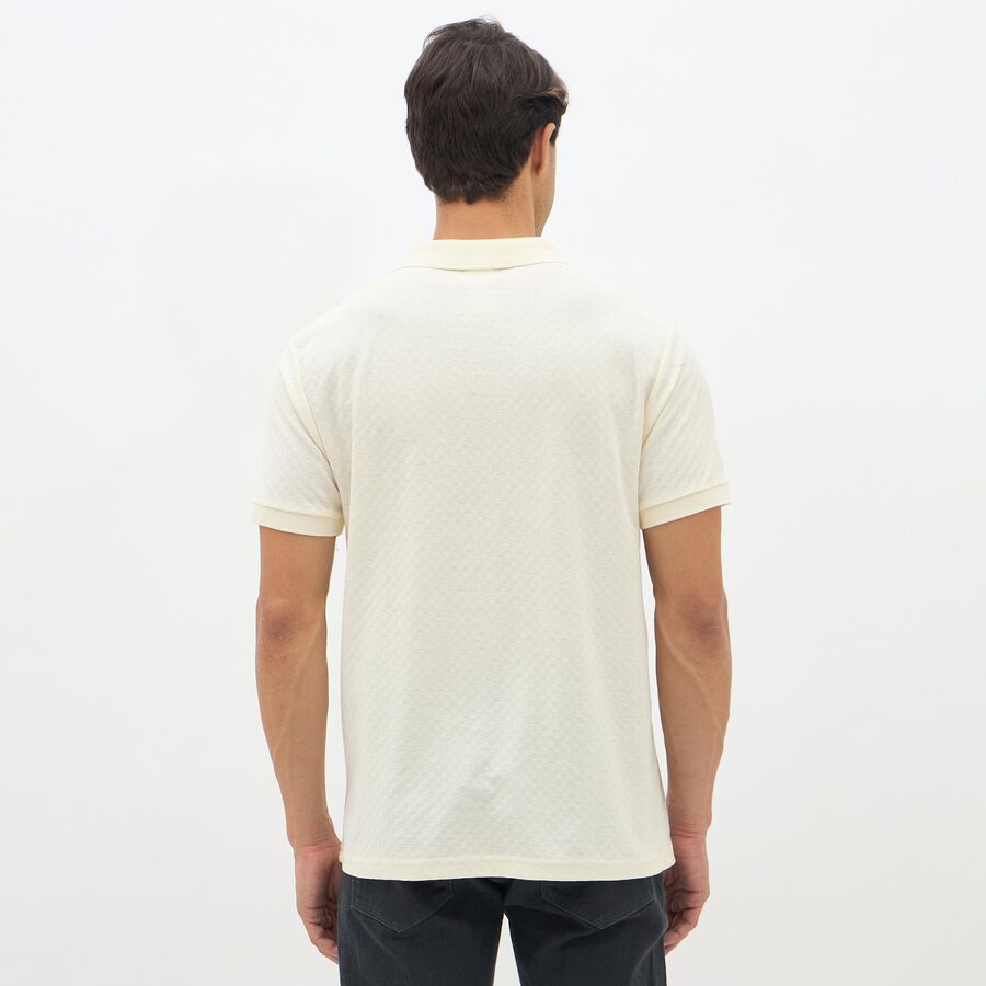 Men's Eggshell White Polo Neck Textured T-Shirt, ऑफ व्हाइट, large image number null