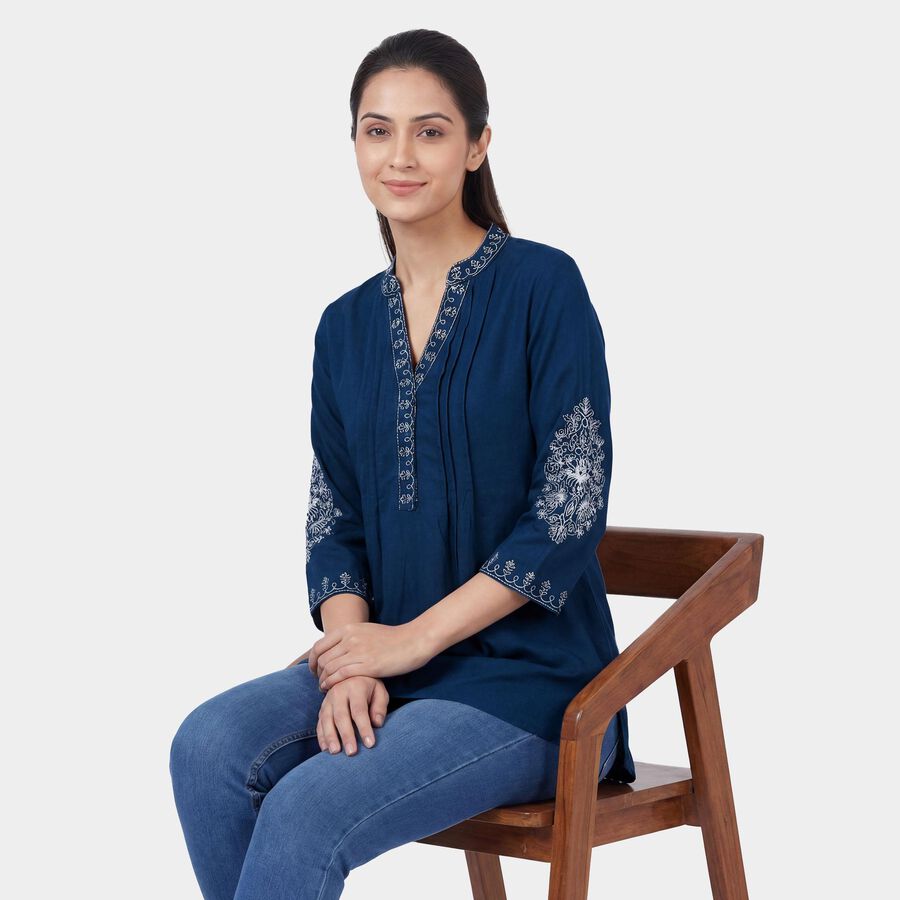 Women's Teal Notch Neck Printed Kurti, Teal Blue, large