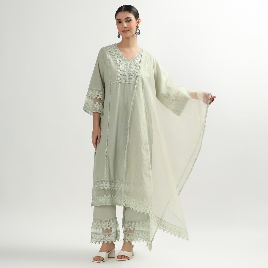 Women's Light Sage Green Cotton Embroidered Ethnic Set, Light Green, large image number null
