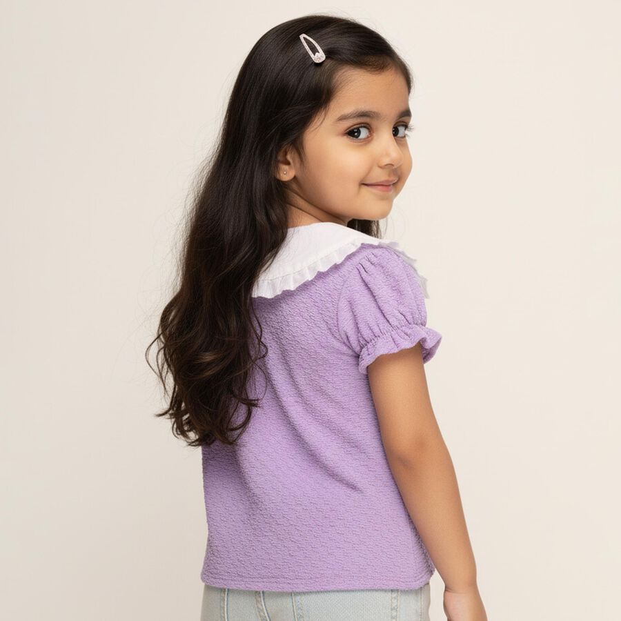 Girls' Lavender Peter Pan Collar Puff Sleeve Textured T-Shirt, Lilac, large image number null