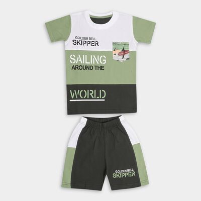 Boys' Olive Cotton Round Neck Printed Baba Suit