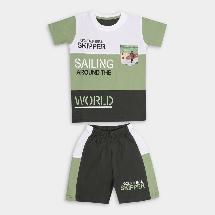 Boys' Olive Cotton Round Neck Printed Baba Suit, Olive, large image number null