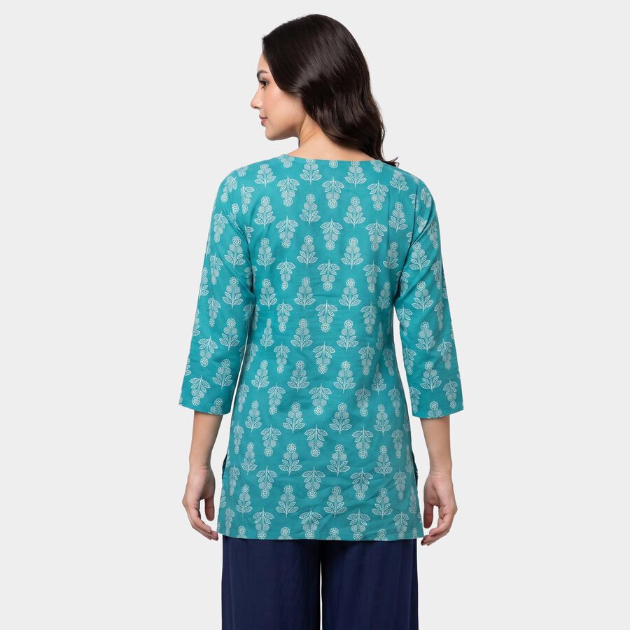 Women's Mid Blue Round Neck Printed Straight Kurti, Mid Blue, large