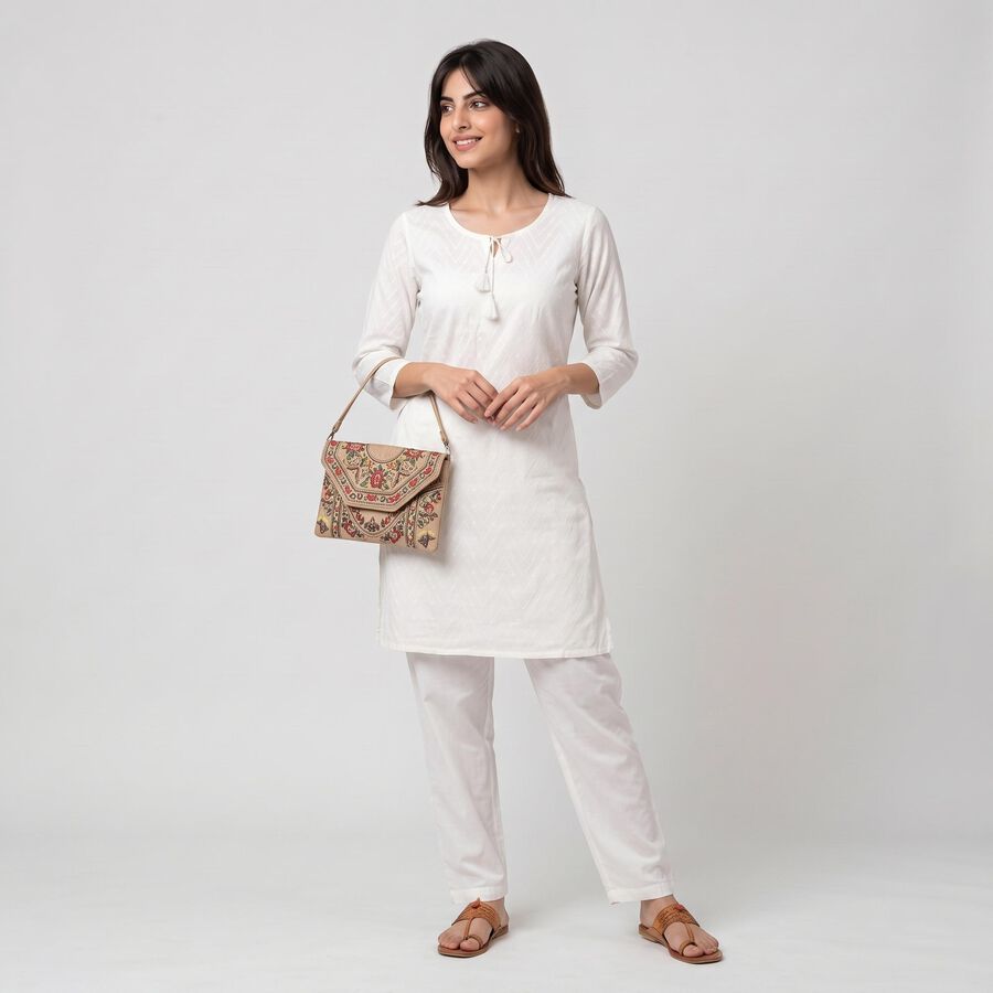 Women's White Keyhole Neck Embroidered Straight Kurta, सफ़ेद, large