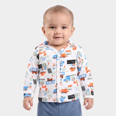 Infants White Cotton Henley Neck Printed T-Shirt