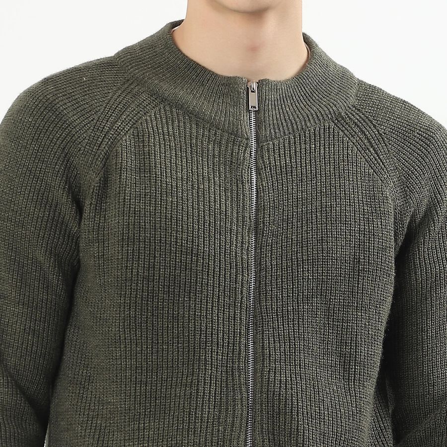 Men's Muted Olive Green Mock Neck Casual Pullover, ओलिव, large image number null