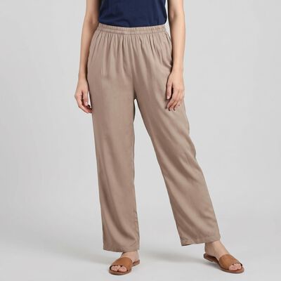 Women's Grey Regular Fit Solid Elastic Waist Palazzos