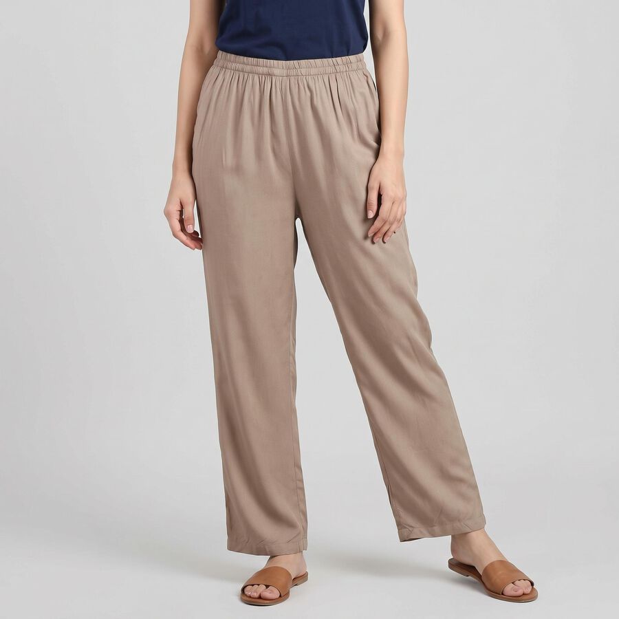 Women's Grey Regular Fit Solid Elastic Waist Palazzos, हल्का ग्रे, large