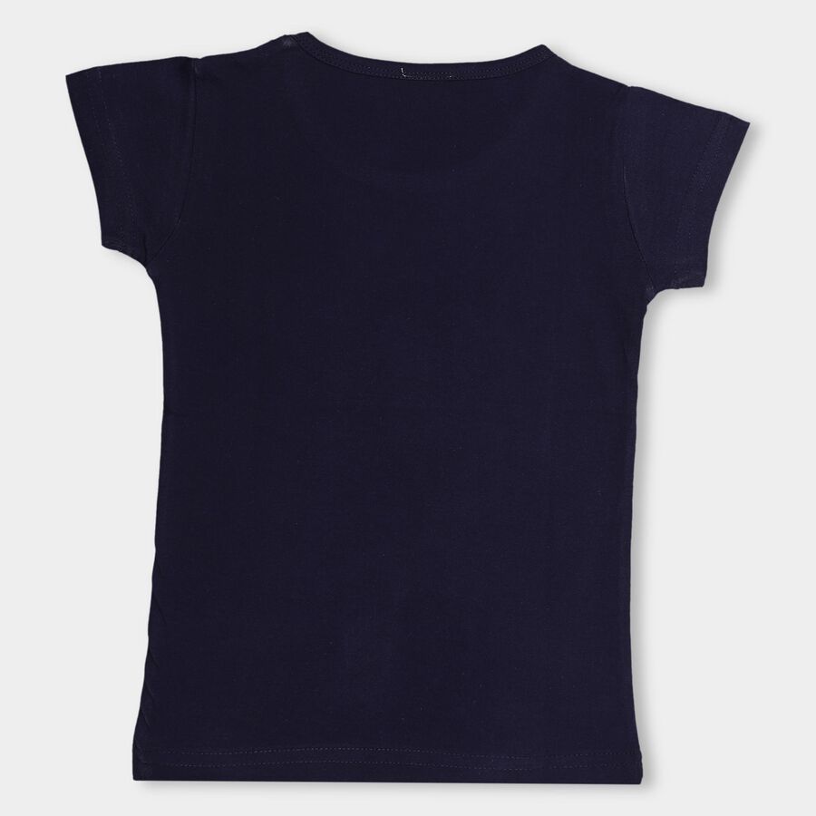 Girls' Deep Midnight Navy Blue Cotton Round Neck Casual T-Shirt, Navy Blue, large