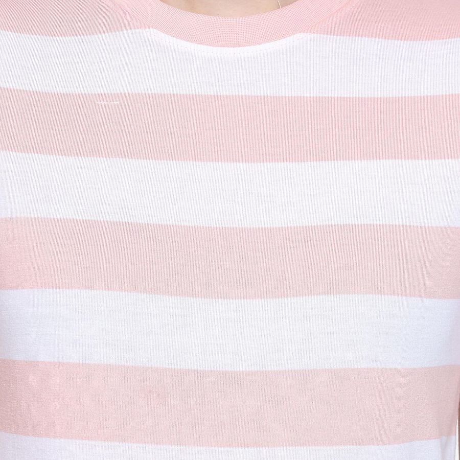 Ladies'  Stripes Round Neck T-Shirt, गुलाबी, large