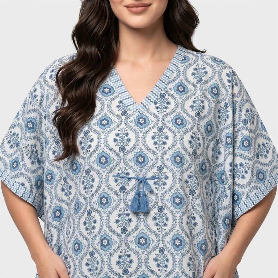 Women's Blue V-Neck Kaftan Nighty, मध्यम नीला, large