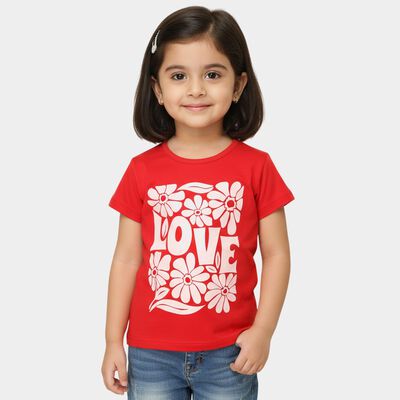 Girls' Red Cotton Blend Round Neck Casual Printed T-Shirt