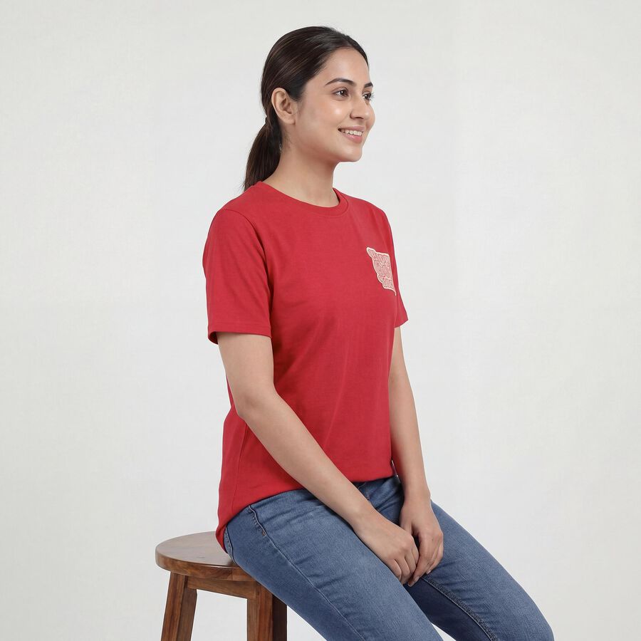 Women's Fuchsia Round Neck Casual T-Shirt, रानी (फ्यूशिया), large