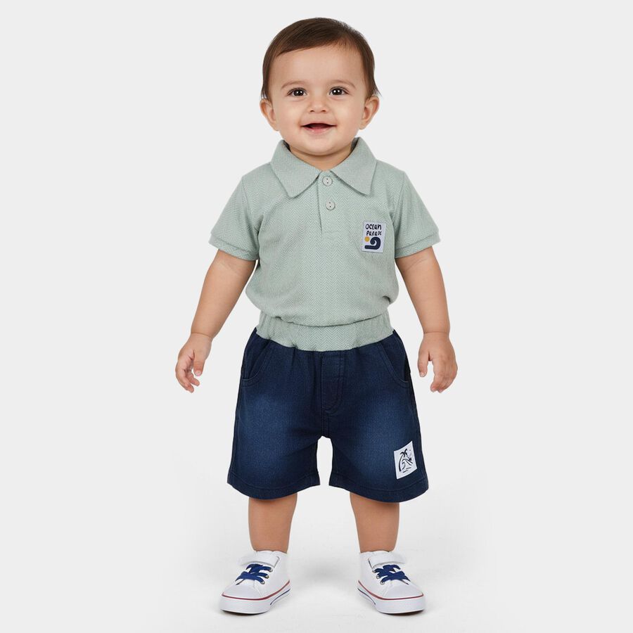 Infants' Light Green Cotton Polo Neck Textured Baba Suit, हल्का हरा, large