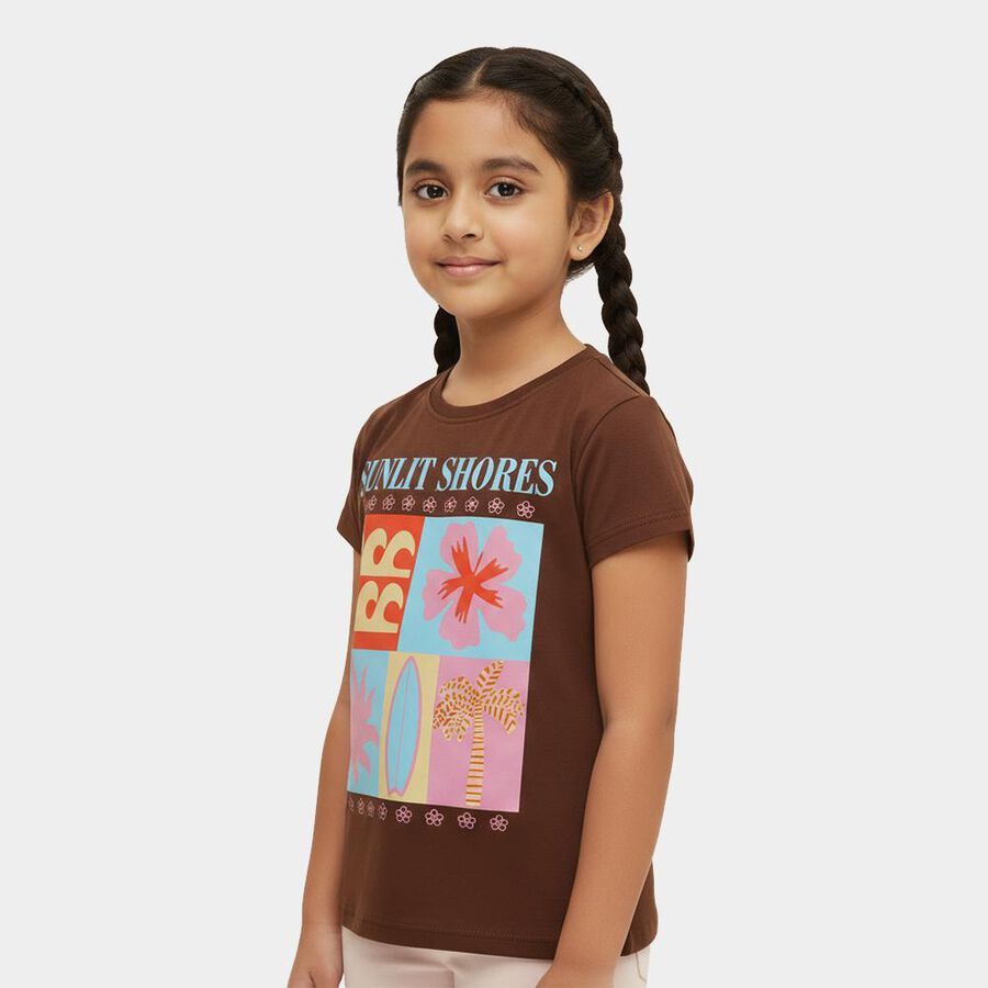 Girls' Rich Brown Cotton Round Neck Casual T-Shirt, भूरा, large