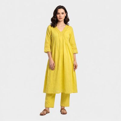 Women's Light Green Cotton V-Neck Embroidered Ethnic Set