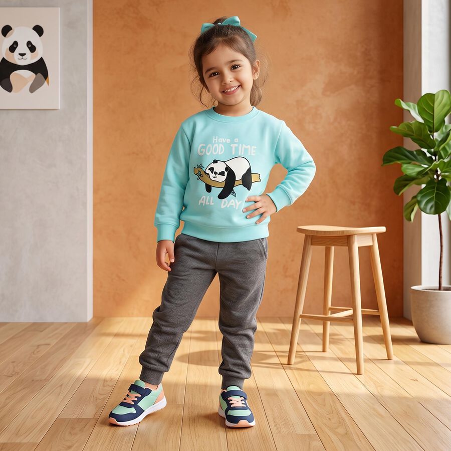 Girls' Aqua Crew Neck Pullover Sweatshirt, एक्वा, large