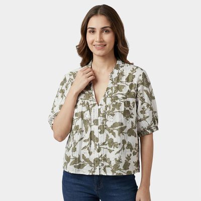 Women's Green Cotton Mandarin Collar Casual Shirt