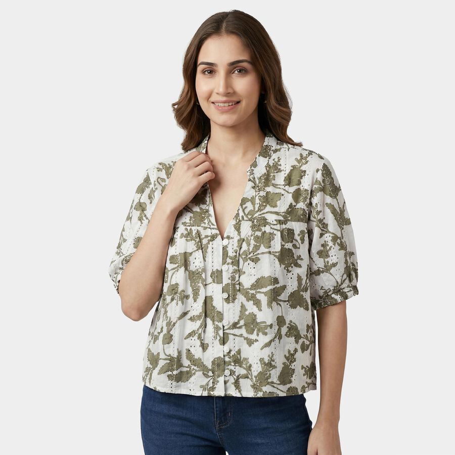 Women's Green Cotton Mandarin Collar Casual Shirt, Light Green, large