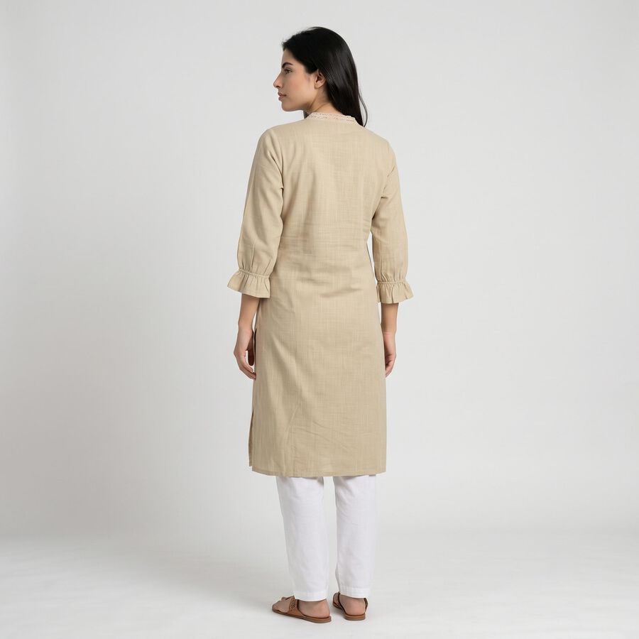 Women's Beige Cotton V-Neck Embellished Kurta, Beige, large