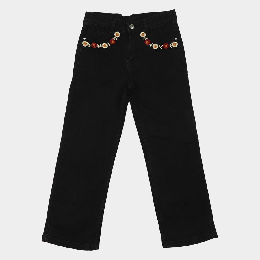Girls Black Straight Fit Embroidered Jeans, काला, large
