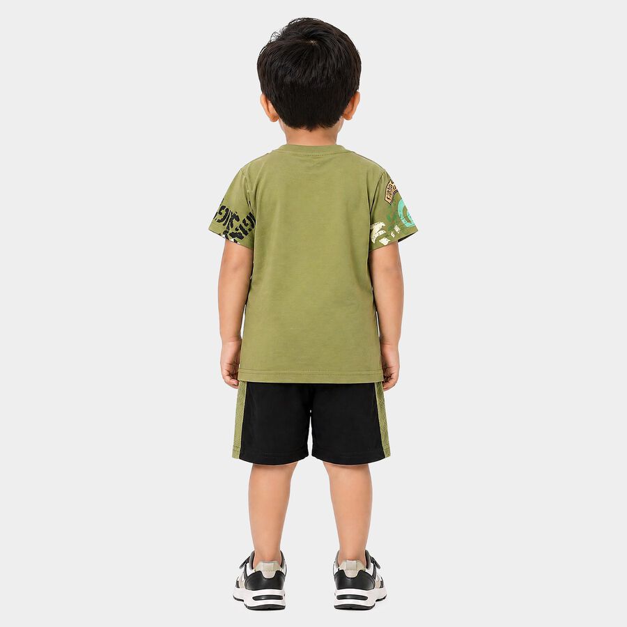 Boys Olive Green 100% Cotton Crew Neck Graphic Print Baba Suit, ओलिव, large