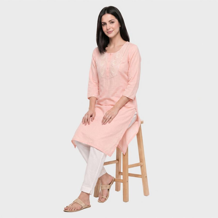 Women's Pink Round Neck Embroidered Kurta, Pink, large
