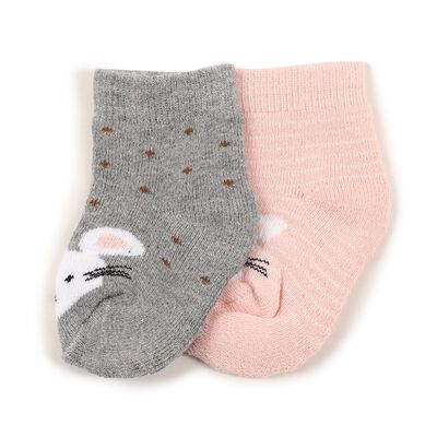 Infants Muted Gray and Soft Peach Regular Fit Embroidered Pack of 2 Socks