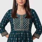 Women's Teal Round Neck Printed A-Line Kurti, टील ब्लू, small