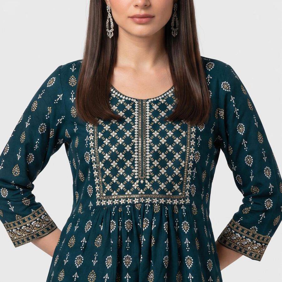 Women's Teal Round Neck Printed A-Line Kurti, टील ब्लू, large