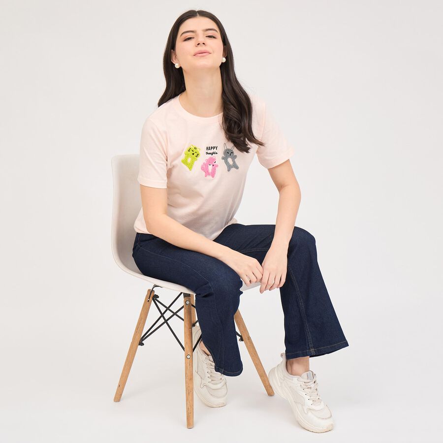 Women's Light Pink Cotton Round Neck Embellished T-Shirt, Light Pink, large