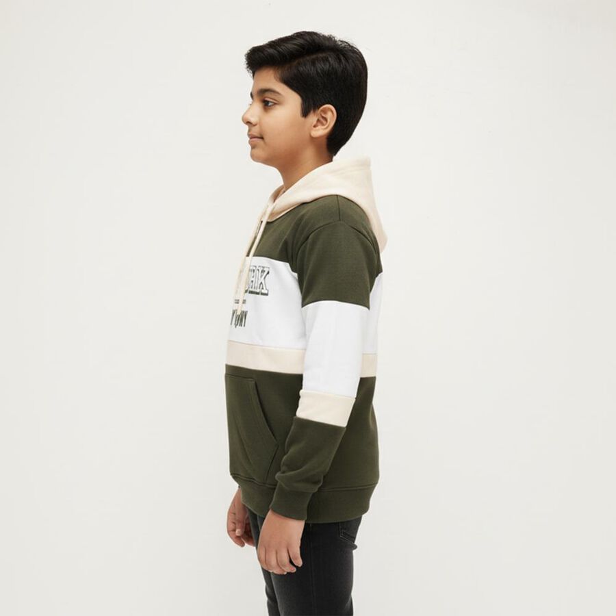 Boys Muted Olive Green Hooded Neck Casual Sweatshirt, ओलिव, large image number null