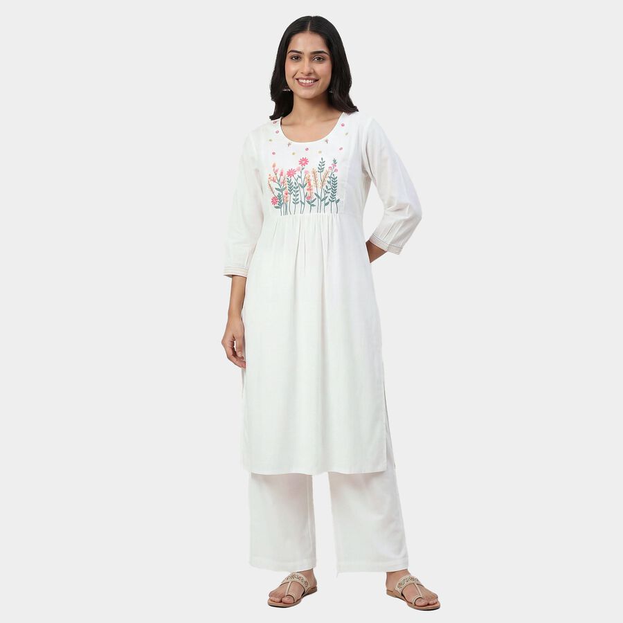 Women's White Cotton Round Neck Straight Kurta, White, large