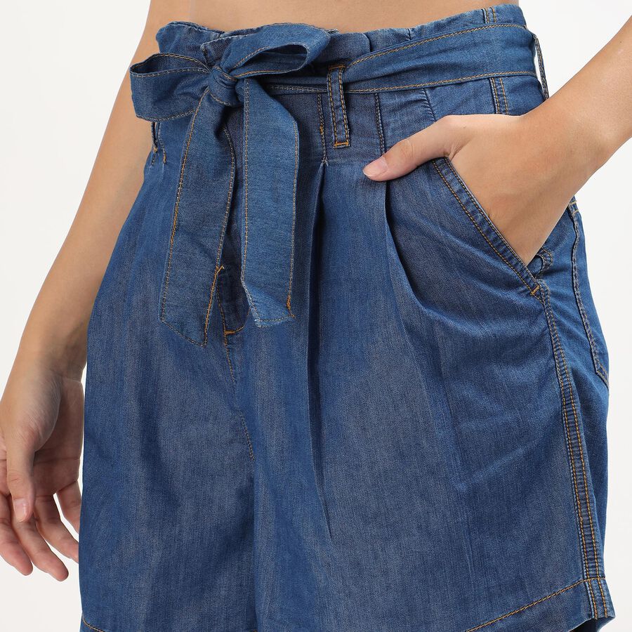 Women's Deep Denim Tie-Waist Relaxed Fit Shorts, नीला, large image number null