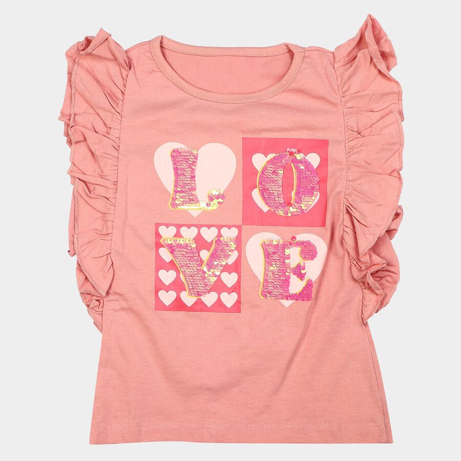 Girls Pink Cotton Round Neck Regular T-Shirt, Light Pink, large