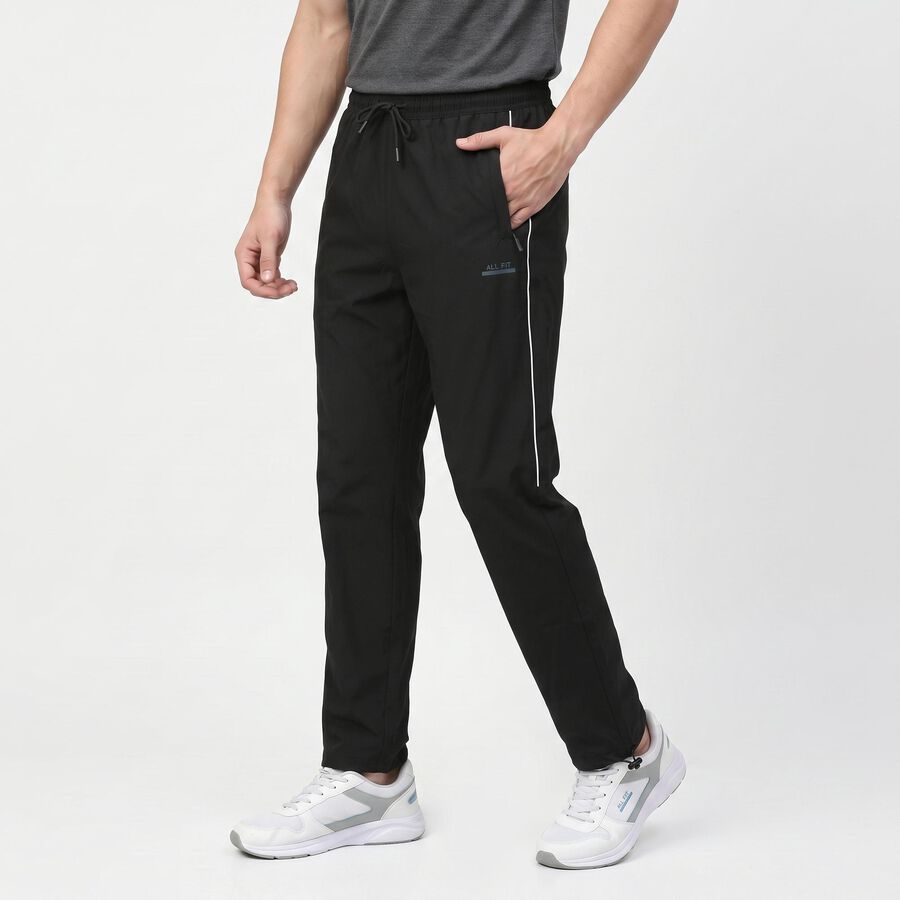Men's Black Straight Fit Side-Striped Track Pants, काला, large