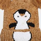 Girls Brown Penguin Applique Beanie Cap, भूरा, small